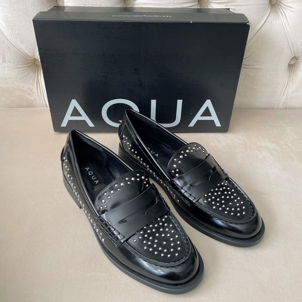 Aqua Black Loafers with Silver Stud Accents. Size 7 NEW with BOX!